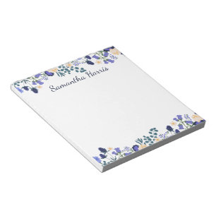 Bloc-note Aquarelle florale Fleurs bleues Nom personnalisé B
