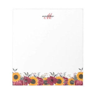 Bloc-note Aquarelle Florale Tournesol Bourgogne Note Monogra