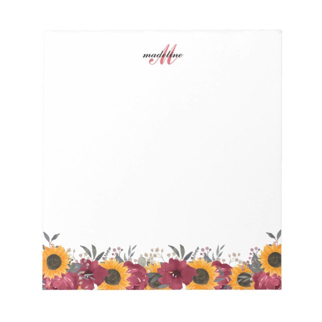 Bloc-note Aquarelle Florale Tournesol Bourgogne Note Monogra (Devant)