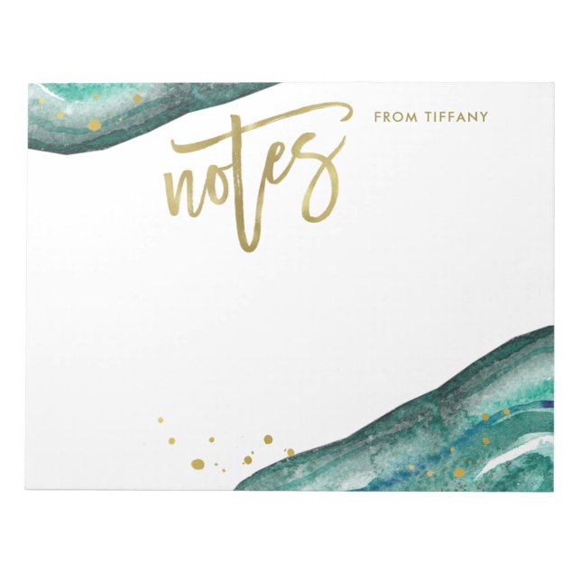 Bloc-note Aquarelle Géode Turquoise avec Typographie Or (Devant)