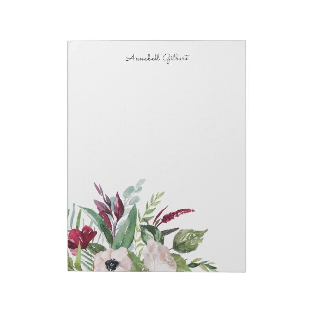 Bloc-note Aquarelle moderne florale verdure rose burgundy (Tourné)