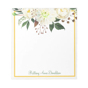 Bloc-note Aquarelle or blanc Nom floral Personnaliser