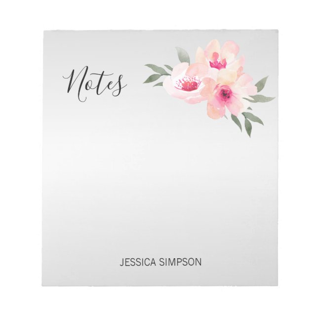 Bloc-note Aquarelle Peinte Florale rose Fleurs Gris Notes (Devant)