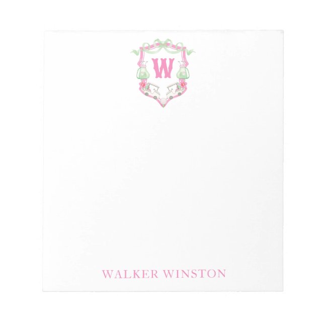 Bloc-note Aquarelle Pink & Green Golf Panier Monogram Crest (Devant)