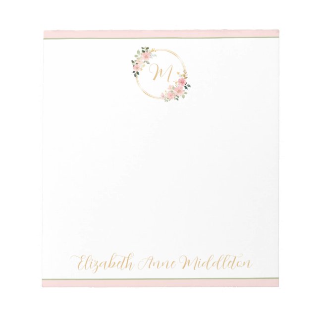 Bloc-note Aquarelle rose et verte Monogramme de couronne flo (Devant)