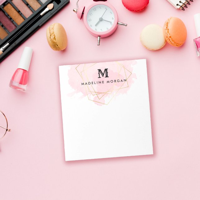 Bloc-note Aquarelle rose Faux or Monogramme géométrique (Créateur téléchargé)