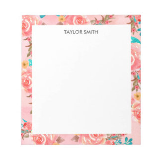 Bloc-note Aquarelle rose Fille Motif Floral Personnalisé