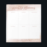 Bloc-note Aquarelle rose moderne or planificateur hebdomadai<br><div class="desc">Elégant et moderne planificateur hebdomadaire. Il y a 6 boîtes sur le bloc-notes pour noter votre horaire et votre plan pour chaque jour de la semaine. L'arrière - plan est dans une jolie aquarelle rose ombragée avec une fausse parties scintillant dorée. Customisez ce produit en ajoutant votre nom au bas....</div>