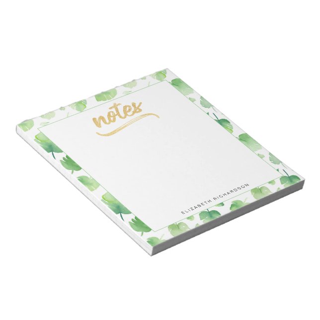 Bloc-note Aquarelle verte tropicale Feuille Gold Faux Foil (Incliné)
