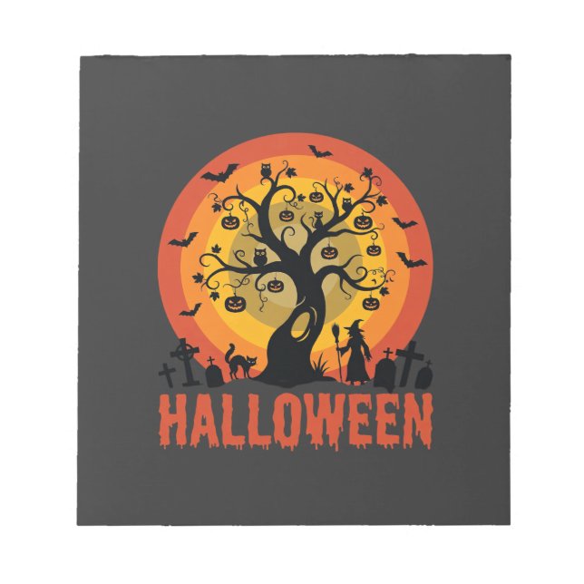 Bloc-note Arbre ensorcelé d'Halloween Sorcière et chats noir (Devant)