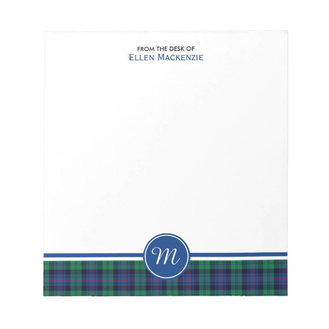 Bloc-note Armstrong Family Tartan bleu et vert Monogramme (Devant)
