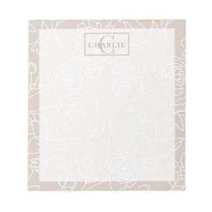 Bloc-note Art en ligne floral beige, monogramme personnalisé