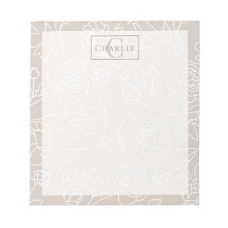 Bloc-note Art en ligne floral beige, monogramme personnalisé