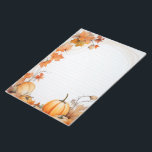 Bloc-note Automne / Automne citrouilles et feuilles alignés<br><div class="desc">Ce bloc-notes à thème d'automne est orné d'une belle bordure de citrouilles peints à la main et de feuilles de chute tourbillonnantes dans des tons chauds d'orange. Le papier uniformément revêtu, dans une teinte orange douce, est le cadre idéal pour écrire des lettres, prendre des notes ou organiser des listes...</div>