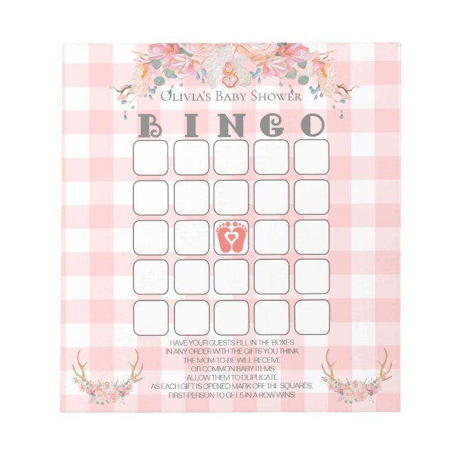 Bloc-note Baby shower Bingo BOHO Baby Coral En vichy (Devant)