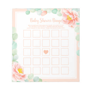 Bloc-note Baby shower Bingo Eucalyptus Foliage Peony Peach
