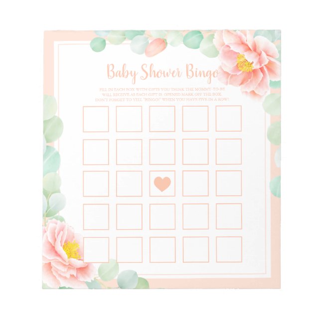 Bloc-note Baby shower Bingo Eucalyptus Foliage Peony Peach (Devant)
