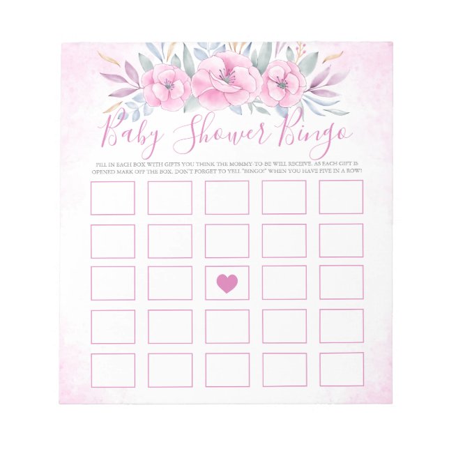 Bloc-note Baby shower Bingo Fleurs Roses Blancs Aquarelle (Devant)