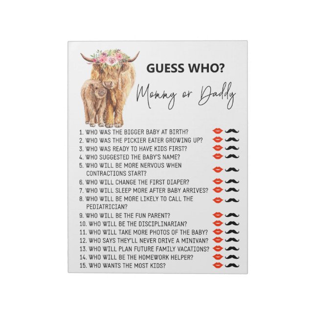 Bloc-note Baby shower Devinez qui joue Highland cow Notepad (Tourné)