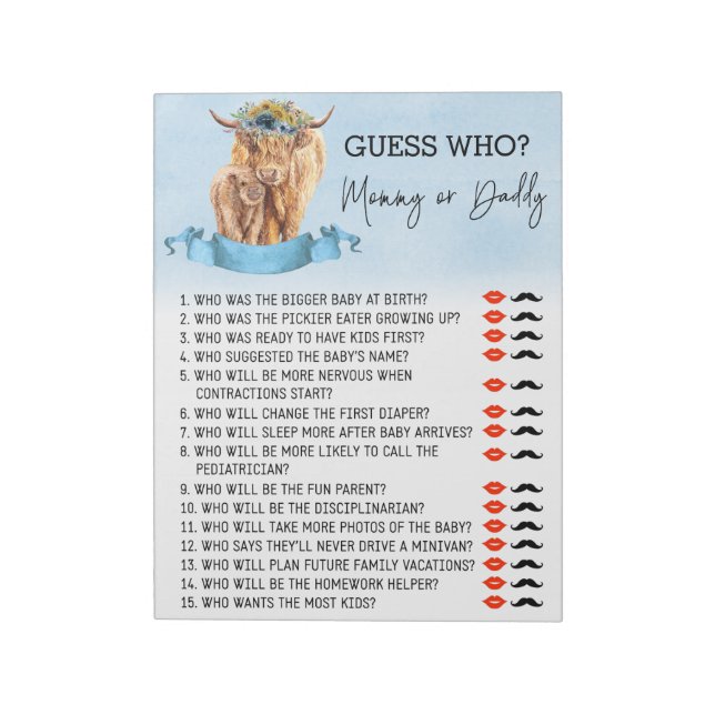 Bloc-note Baby shower Devinez Qui Joue Vache Highland Blue (Tourné)