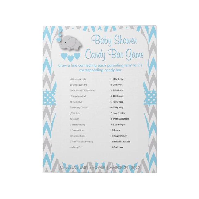 Bloc-note Baby shower Eléphant bleu et gris doux - Jeu 2 (Tourné)