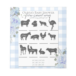 Bloc-note Baby shower Farm Animal Games Roses bleus En vichy