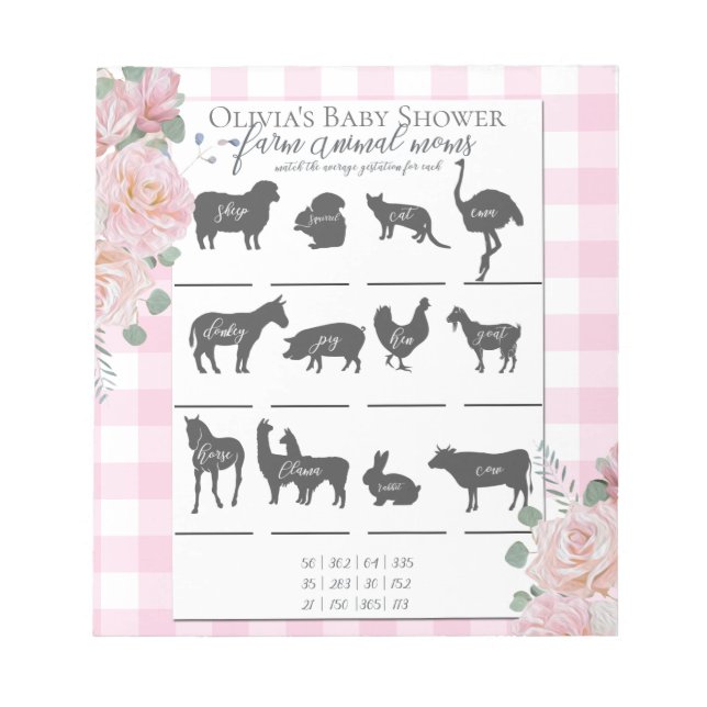 Bloc-note Baby shower Farm Animal Games Roses roses En vichy (Devant)