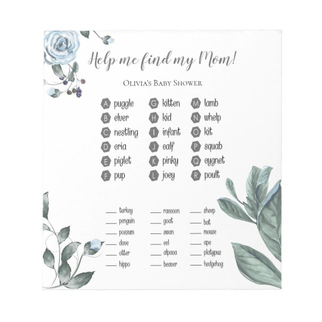 Bloc-note Baby shower Games Aquarelle Dusty Blue Floral (Devant)