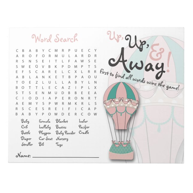 Bloc-note Baby shower Games, Word Search, Hot air Balloon (Devant)
