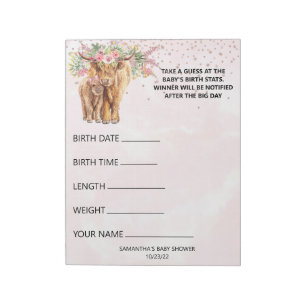 Bloc-note Baby shower Guesses Jeu Vache Highland Rose