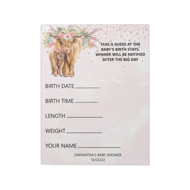 Bloc-note Baby shower Guesses Jeu Vache Highland Rose (Tourné)