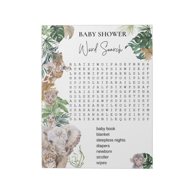 Bloc-note Baby shower Jungle Safari Animaux Word Search (Tourné)