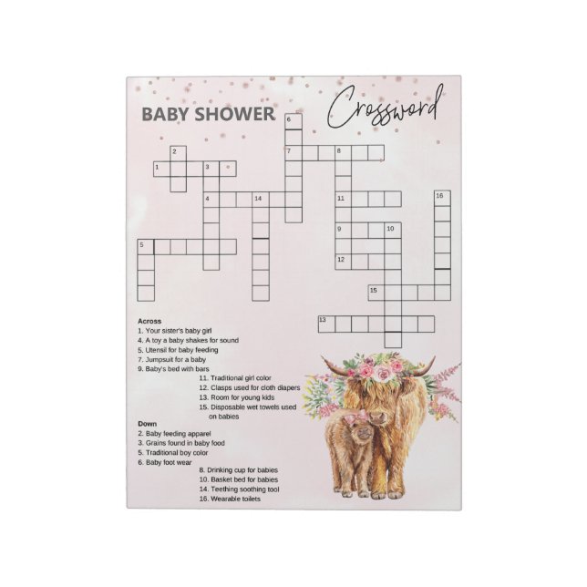 Bloc-note Baby Shower Pink Highland cow Game Crossword    (Tourné)
