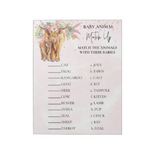 Bloc-note Baby shower Vache Highland Rose Animal Match Up