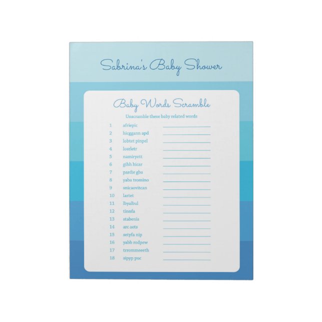 Bloc-note Baby shower Word Scramble Blue Stripes (Tourné)