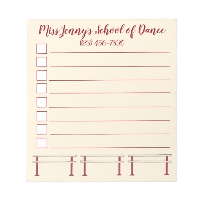 Bloc-note Ballet Barre Dance Studio Professeur personnalisé (Devant)
