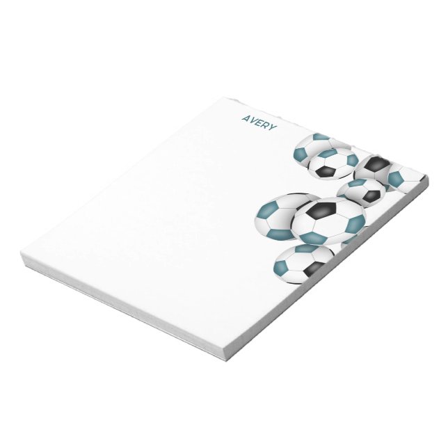 Bloc-note Ballons de football noir turquoise accent nom pers (Tourné)