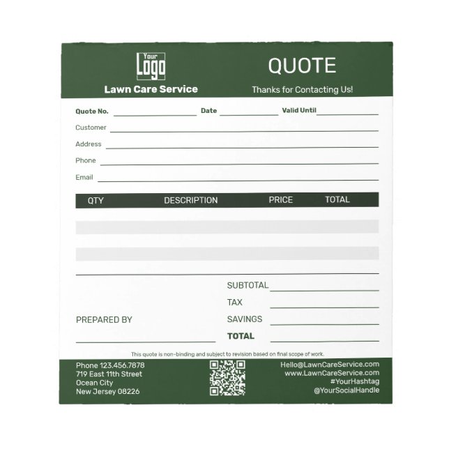 Bloc-note Basic Lawn Care Service Business Quote  (Devant)