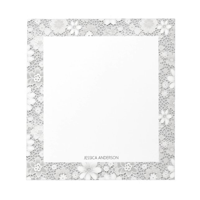 Bloc-note Belle dentelle florale blanche nom pavé papier (Devant)