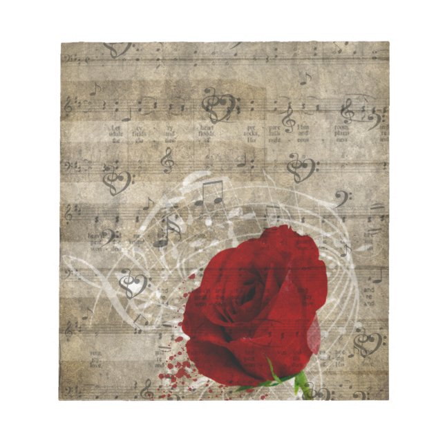 Bloc-note Belle rose rouge notes piano tourbillonné (Devant)