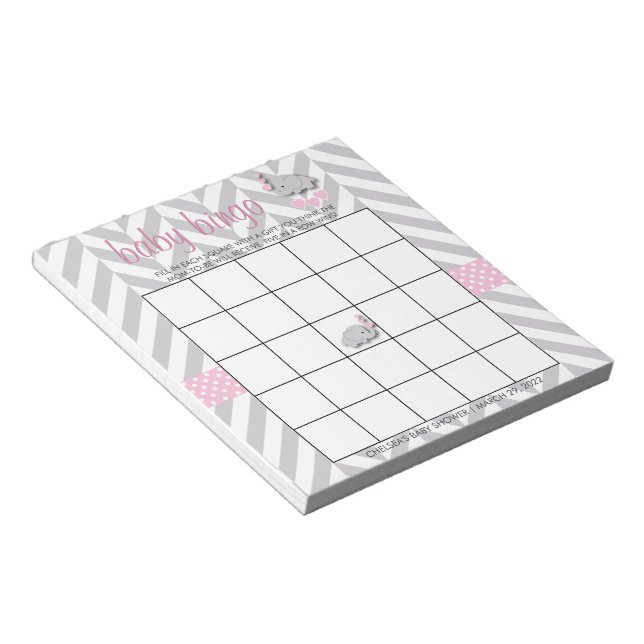 Bloc-note Bingo de Baby shower Eléphant rose et gris (Incliné)