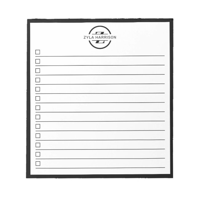 Bloc-note Black White Monogram Name Checklist 5.5" x 6" (Devant)