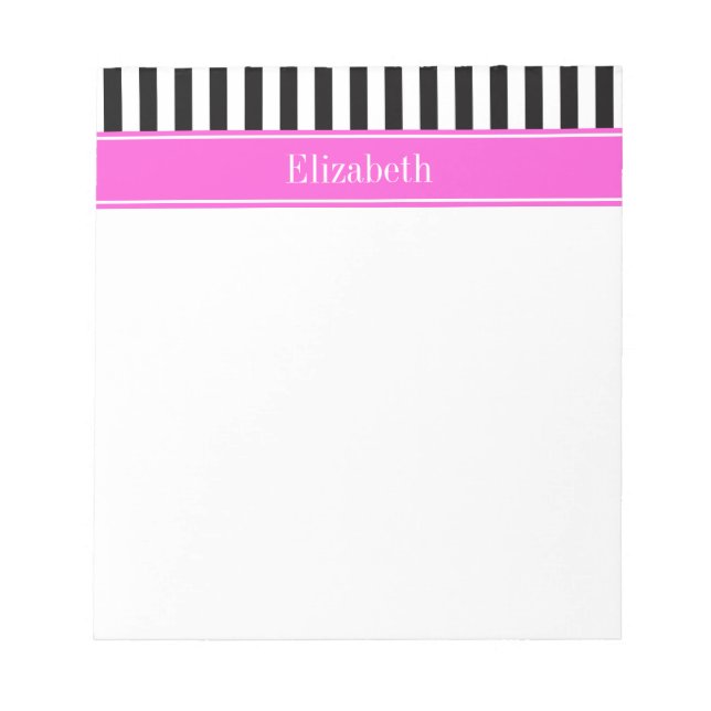 Bloc-note Black White Stripe Hot Pink Ribbon Name Monogram (Devant)