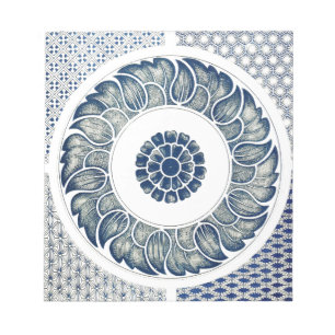 Bloc-note Blanc bleu Floral chinois rond