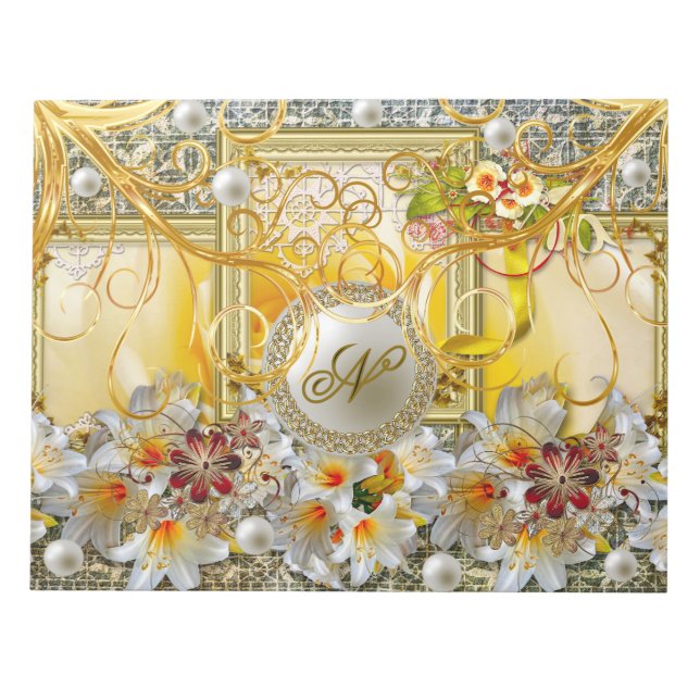 Bloc-note Blanc Lily Gold Arbre Argent perles Damas Abstrait (Devant)