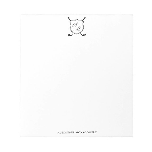 Bloc-note Blason de golf monogramme noir élégant (Devant)