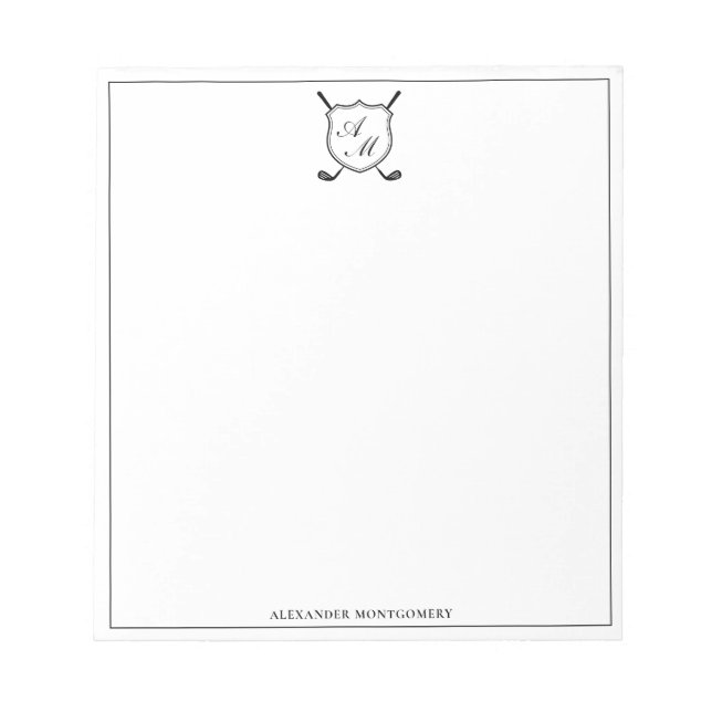 Bloc-note Blason de monogramme de golf noir élégant (Devant)