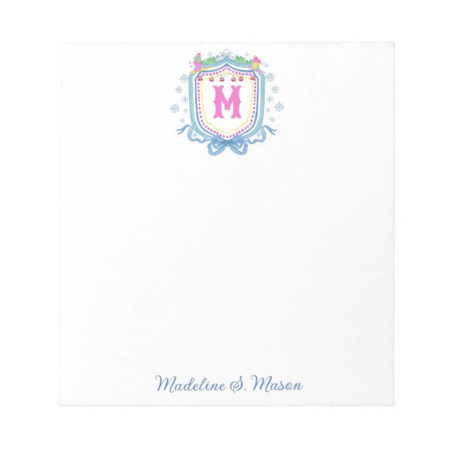 Bloc-note Blason de monogramme de ski chic aquarelle (Devant)