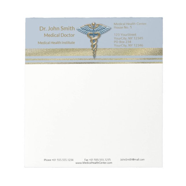 Bloc-note Bleu clair Caduceus Médicale Faux Gold Foil (Devant)