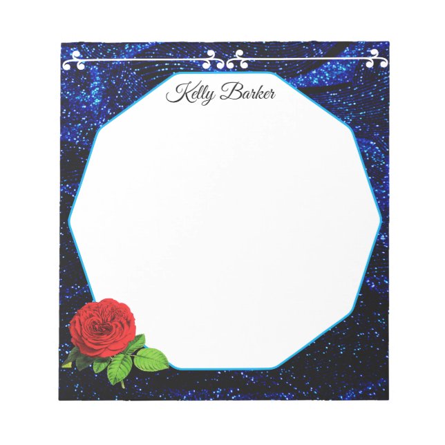 Bloc-note Bleu marine et blanc Rose rouge paillettes scintil (Devant)